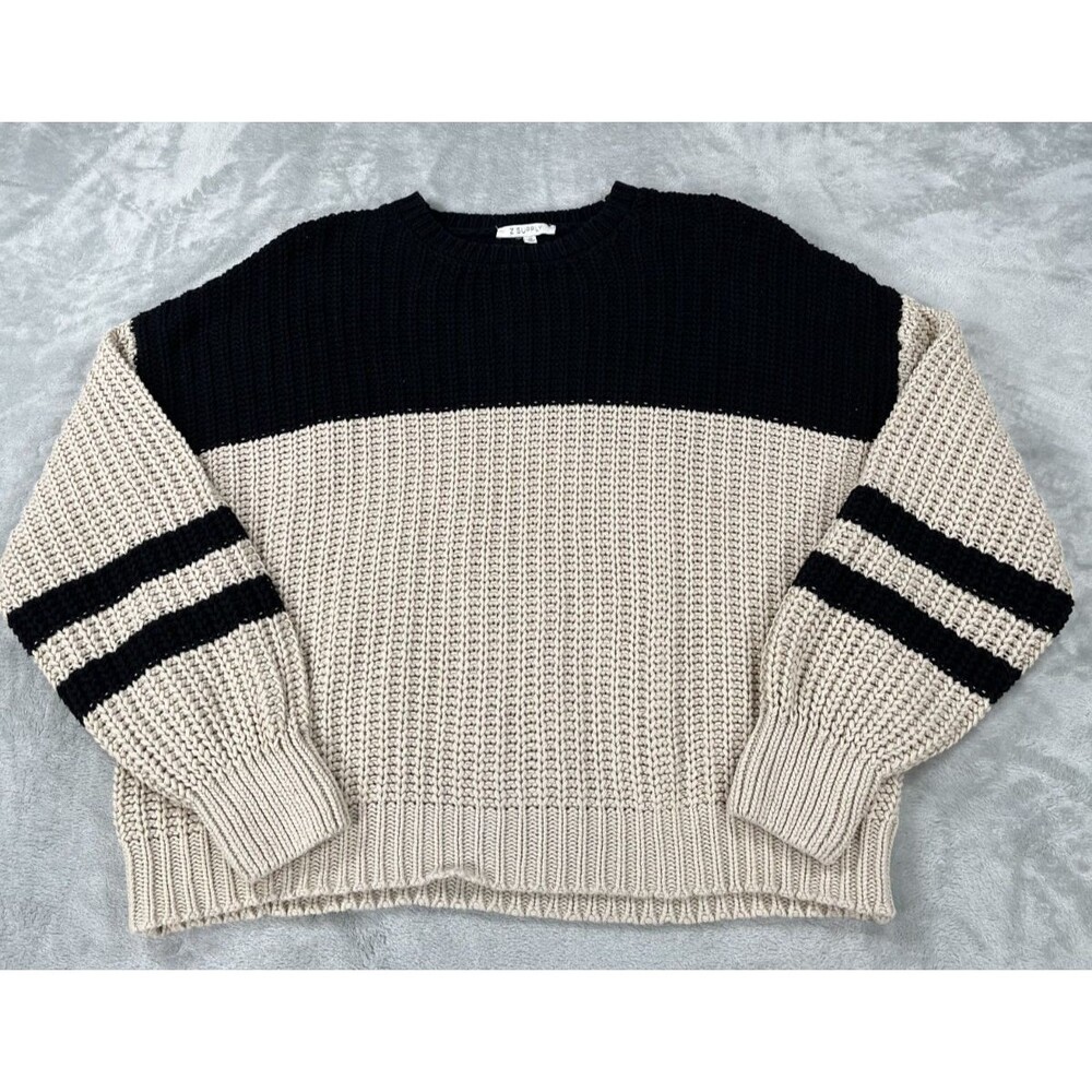 Z Supply Lyndon Color Block Medium M Black Oat Beige Shaker Knit Pullover